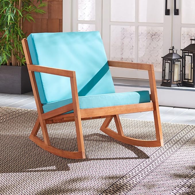 Safavieh Outdoor Collection Vernon Wood Blue Cushion Rocking Chair PAT7013Q, Natural/Aqua