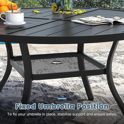 DIFY 47.2" Round Outdoor Patio Dining Table for 6, Metal Patio Table with 1.57" Adjustable Umbrella Hole, All-Weather Outdoor Furniture Table for Garden Backyard Deck, Black