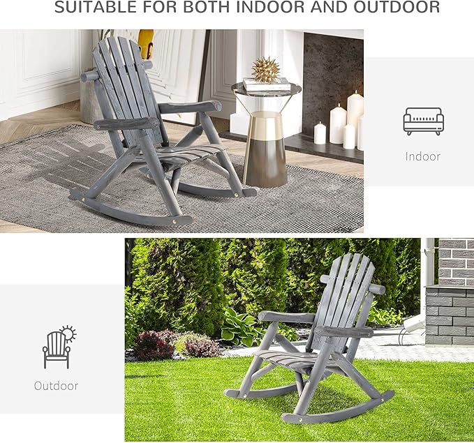Outsunny Outdoor Wooden Rocking Chair, Single-Person Adirondack Rocking Patio Chair with Rustic High Back, Slatted Seat and Backrest for Indoor, Backyard, Garden, Dark Gray