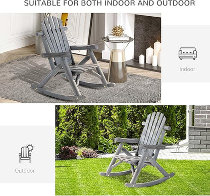 Outsunny Outdoor Wooden Rocking Chair, Single-Person Adirondack Rocking Patio Chair with Rustic High Back, Slatted Seat and Backrest for Indoor, Backyard, Garden, Dark Gray