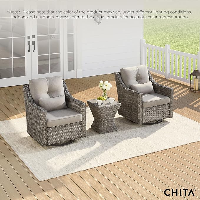 CHITA 3 Pieces Wicker Patio Bistro Set, Outdoor Furniture Set with 2 Pieces Rattan Rocking Swivel Chairs - Photo 7