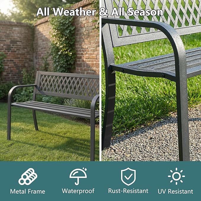 Outdoor Garden Bench, Weatherproof Metal Park Bench for Garden Lawn Porch Park Backyard, Sturdy Steel Patio Bench with Ergonomic Backrest for Front Porch Entryway Outside Seating, Black