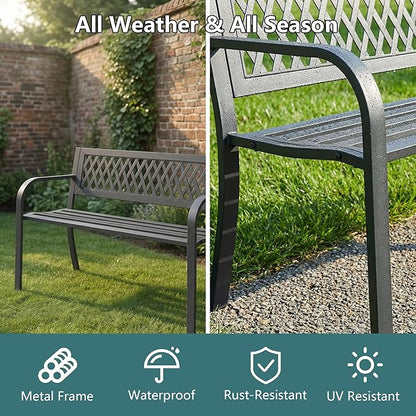 Outdoor Garden Bench, Weatherproof Metal Park Bench for Garden Lawn Porch Park Backyard, Sturdy Steel Patio Bench with Ergonomic Backrest for Front Porch Entryway Outside Seating, Black