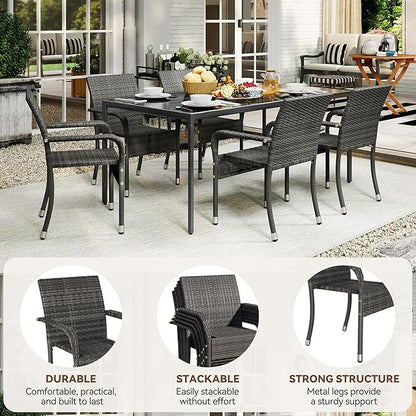 Yaheetech Set of 2 Stackable Outdoor Rattan Dining Chairs, All-Weather Firepits Armchair w/Armrests, Steel Frame for Garden, Patio, Deck, Yard, Poolside, Gray