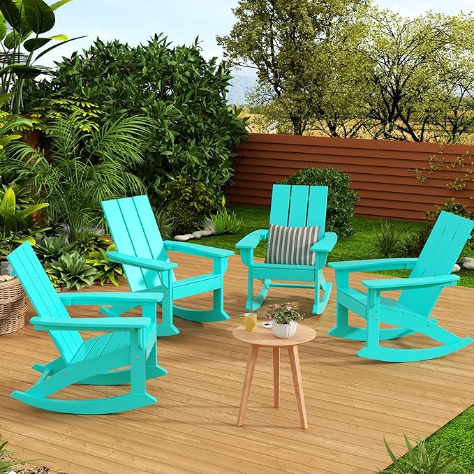 WestinTrends Ashore Patio Rocking Chairs Set of 2, All Weather Poly Lumber Plank Adirondack Rocker Chair, Modern Farmhouse Outdoor Rocking Chairs for Porch Garden Backyard and Indoor, Turquoise