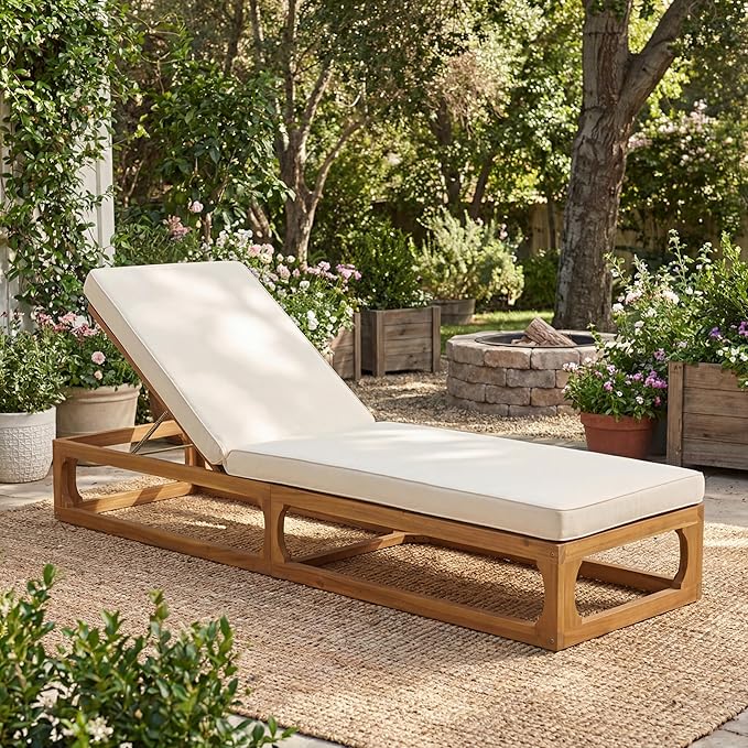 Christopher Knight Home Vauz Modern Patio Chaise Lounge Chair Outdoor, Acacia Wood Poolside Sun Lounger with Cushion, Open Frame Pool Lounger with Adjustable Backrest, Natural+Beige