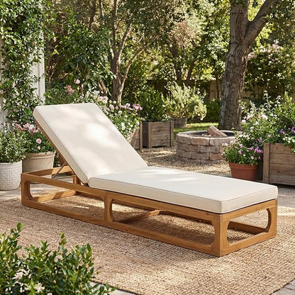 Christopher Knight Home Vauz Modern Patio Chaise Lounge Chair Outdoor, Acacia Wood Poolside Sun Lounger with Cushion, Open Frame Pool Lounger with Adjustable Backrest, Natural+Beige