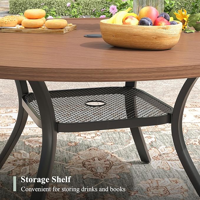 47.2" Patio Dining Table for 6, Round Outdoor Metal Dining Table with Umbrella Hole for Lawn Garden Backyard, Walnut