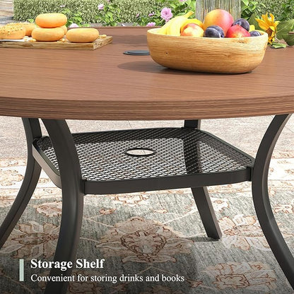 47.2" Patio Dining Table for 6, Round Outdoor Metal Dining Table with Umbrella Hole for Lawn Garden Backyard, Walnut