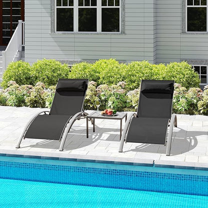 Domi Lounge Chair Set of 3, Aluminum Lounge Chairs for Outside with 5 Adjustable Positions, Chaise Lounge Outdoor for Pool, Garden, Beach, 2 Pool Chairs and 1 Side Table(Dark Gray)