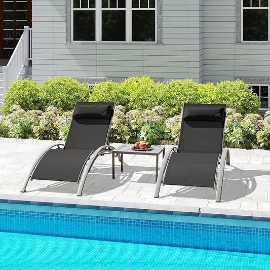 Domi Lounge Chair Set of 3, Aluminum Lounge Chairs for Outside with 5 Adjustable Positions, Chaise Lounge Outdoor for Pool, Garden, Beach, 2 Pool Chairs and 1 Side Table(Dark Gray)