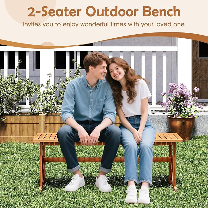 HAPPYGRILL Acacia Wood Outdoor Bench for 2-3 People, Patio Bench with Slatted Seat & X-Shaped Frame, for Porch Garden Backyard and Park (1)