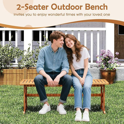 HAPPYGRILL Acacia Wood Outdoor Bench for 2-3 People, Patio Bench with Slatted Seat & X-Shaped Frame, for Porch Garden Backyard and Park (1)