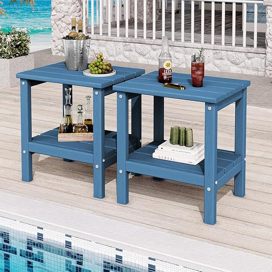 KINGYES 2-Tier Outdoor Side Table Set of 2, HDPE All Weather Adirondack Patio Tables,Navy