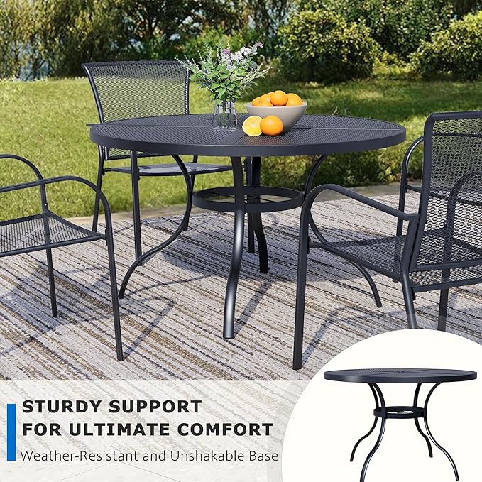 42'' Outdoor Patio Dining Table with Adjustable Umbrella Hole, Mesh Tabletop Round Table, Heavy Duty 400lbs Capacity, for Deck, Balcony, Bistro, Black