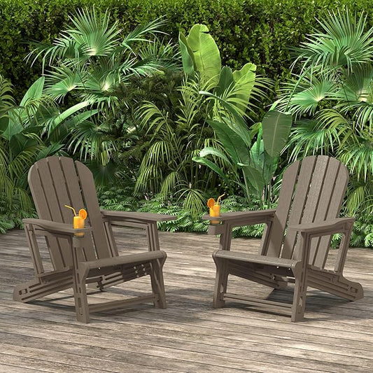 Costaelm Cayman Hardware-Free Assembly Outdoor Patio HDPE Poly Plastic Adirondack Chair with Cup Holder (Set of 2), Weathered Wood