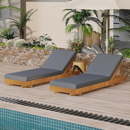 Merax 2-Piece Acacia Wood Chaise Lounge Set w/ 6-Position Adjustable Backrest & Cushion - Outdoor Patio Poolside Furniture, Grey