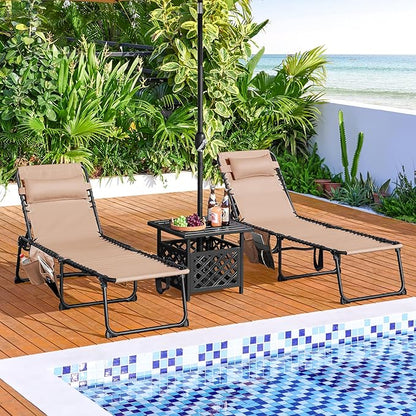 Yaheetech 22.4" Outdoor Folding Tanning Chair, Chaise Lounge Chairs with 5 Back Position Adjustable, Extended Portable Lounger for Beach, Patio, Beige