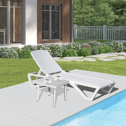 Domi Patio Outdoor Chaise Lounge Chair, All-Weather Plastic Adjustable Reclining Lounger, Stackable Tanning Lounge Chair w/Wheels and Side Table, for Beach Garden Lawn Pool(1 White Chair W/Table)