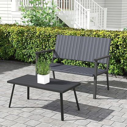 C-Hopetree Outdoor Loveseat Bench Chair for Outside Patio Porch, Metal Frame, Black All Weather Wicker
