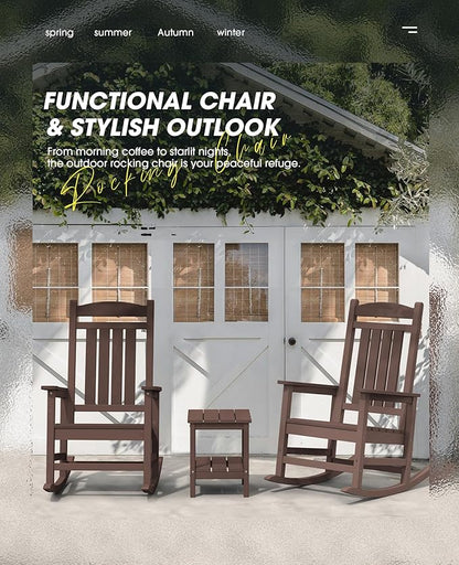 KINGYES Outdoor Rocking Chair Set 2, All Weather HDPE Patio Rocking Chairs for Adults, Coffee Brown