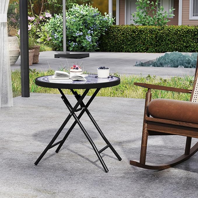 Giantex Folding Outdoor Side Table with Tempered Glass Tabletop & Metal Frame, Portable 18” Round End Table for Patio - Photo 7