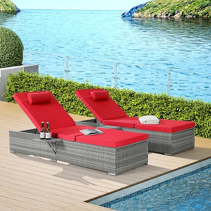 Outdoor Chairs Set of 2, Wicker Patio Furniture Chaise Lounge, Pool Lounge Chairs with Adjustable Backrest, Beach Rattan Recliners for Outside Poolside, Backyard, Garden & Tanning, Red 2