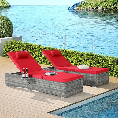 Outdoor Chairs Set of 2, Wicker Patio Furniture Chaise Lounge, Pool Lounge Chairs with Adjustable Backrest, Beach Rattan Recliners for Outside Poolside, Backyard, Garden & Tanning, Red 2