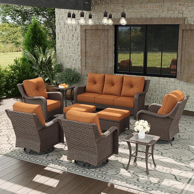 9 Piece Patio Furniture Set, All-Weather Wicker Outdoor Conversation Set with Swivel Rocking Chair and 6 Inch Thick Cushions