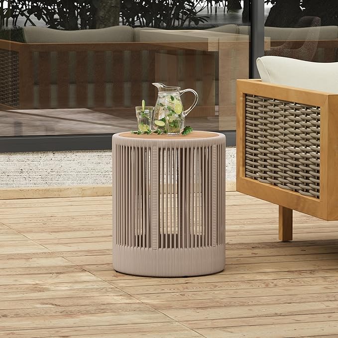 15" Outdoor Rustic Side Table,Rattan Rope & Acacia Wood End Table with Round Top & Iron Frame, Easy Assembly, Versatile Weather-Resistant Patio Furniture for Garden, Yard, Balcony, Beige Teak