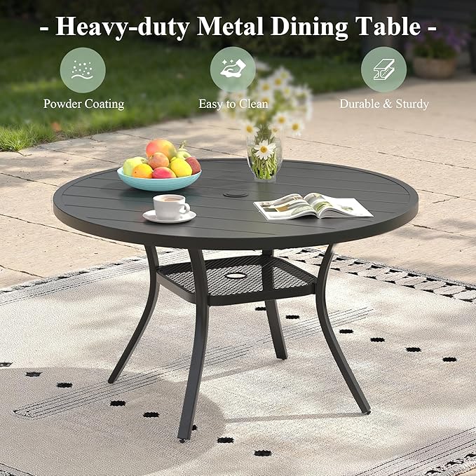 Outdoor Dining Table with Adjustable Umbrella Hole, 40.6" All-Weather Round Patio Dining Table for 4, Metal Patio Table with Storage Shelf for Garden Lawn Porch Deck Yard, Black