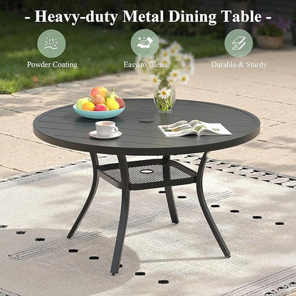Outdoor Dining Table with Adjustable Umbrella Hole, 40.6" All-Weather Round Patio Dining Table for 4, Metal Patio Table with Storage Shelf for Garden Lawn Porch Deck Yard, Black