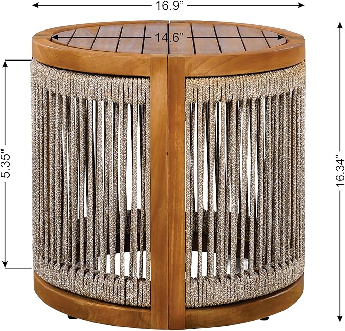 Christopher Knight Home Viktor Acacia Wood Outdoor Side Table, Patio Round Coffee Table with Woven Rope Accents, Table for Patio Furniture Set, Elegant Slatted Design, Weather-Resistant, Teak