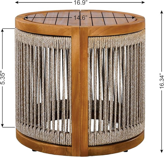 Christopher Knight Home Viktor Acacia Wood Outdoor Side Table, Patio Round Coffee Table with Woven Rope Accents, Table for Patio Furniture Set, Elegant Slatted Design, Weather-Resistant, Teak