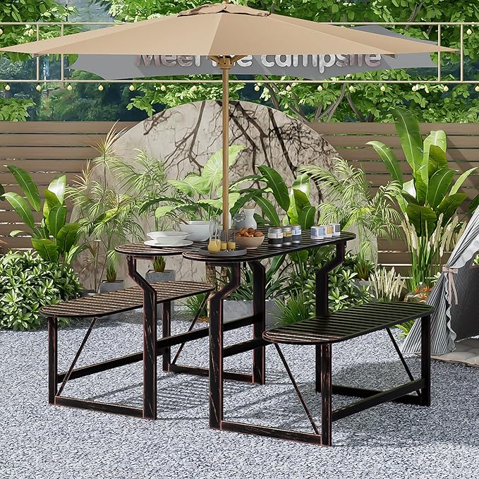 Convertible Bench, 2 in 1 Carbon Steel Picnic Table, Transforming Interchangeable Outdoor Table with Umbrella Hole, for Outside Patio Porch Backyard Park Garden 2 Pack Retro Brown Bench