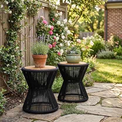 Merax 2 Pieces Round Outdoor Side Table Set, Bohemian Patio Side Tables with Acacia Wood Top and Black Handwoven Rope Base for Garden, Pool, Yard, Elegant Hourglass Design, No Assembly, 18.9" Height