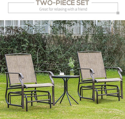 Outsunny 2 Piece Glider Set, Outdoor Swing Chairs, Patio Rocking Armchairs with Breathable Mesh Fabric, Steel Frame for Garden, Backyard, Patio, Dark, Brown/Khaki