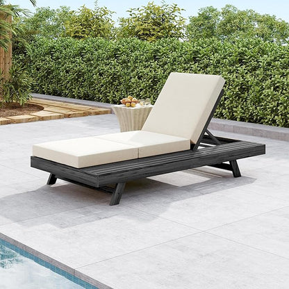 Christopher Knight Home Dami Patio Chaise Lounge Chair Outdoor with Foldable Cushion, Acacia Wood Poolside Sun Lounger with Space Available On One Side, Adjustable Backrest Pool Lounger, Black + Cream
