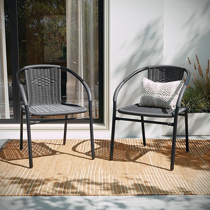 EMMA + OLIVER Set of 2 Modern Rattan Indoor/Outdoor Stack Chairs - Photo 6