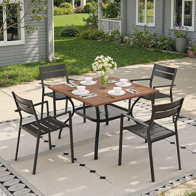 Outdoor Dining Table with Adjustable Umbrella Hole, 37.8" All-Weather Square Patio Dining Table for 4, Metal Patio Table for Garden Lawn Porch Deck Yard, Walnut