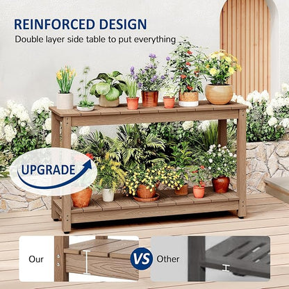 Outdoor Console Table, 48" Weather Resistant HIPS Patio Side Table, 440LBS Weight Capacity, 2-Tier Multifunctional Buffet Bar Storage Organizer for Garden Deck, Teak