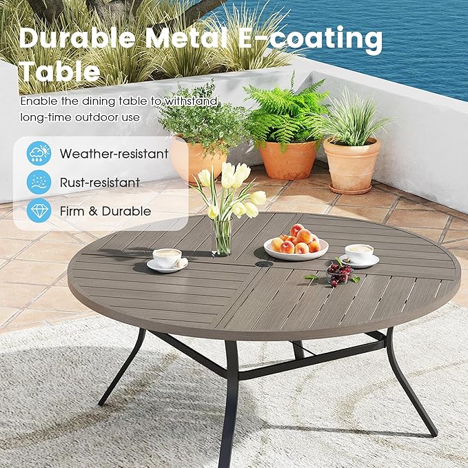 Patio Dining Table for 8-10, Round Metal Outdoor Table with Storage Shelf, 1.57" Umbrella Hole, 60" Outdoor Quartered Tabletop Dining Table for Backyard, Porch, Lawn, Grey