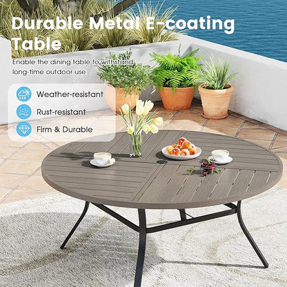 Patio Dining Table for 8-10, Round Metal Outdoor Table with Storage Shelf, 1.57" Umbrella Hole, 60" Outdoor Quartered Tabletop Dining Table for Backyard, Porch, Lawn, Grey