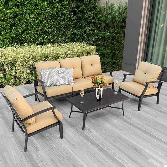NUU GARDEN 4-Piece Outdoor Patio Sofa Set, Aluminum Conversation Set with Zippered Cushions and Coffee Table, Perfect for Porch, Garden, Backyard, Balcony, or Poolside, Ginger