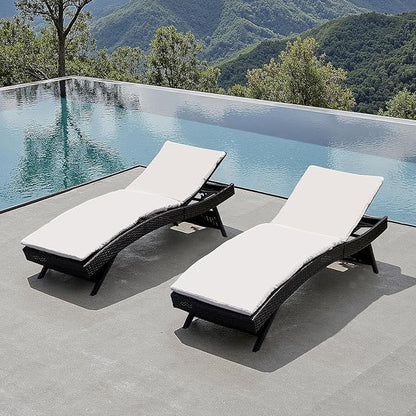 Patio Chaise Lounge Set of 2 Foldable Chairs with 2 Detachable Cushions, Outdoor Rattan Adjustable Back 2 Pieces Patio Folding Chaise Lounge and Cushions