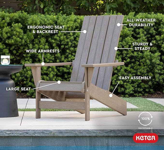 Keter Montauk Adirondack Chair with Weatherproof Finish, Outdoor Furniture for Entertaining by The Pool, Patio, and Fire Pit, Easy Assembly for Sturdy and Steady Outdoor Seating, Weatherwood