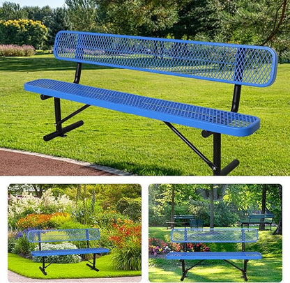 8 Ft Metal Park Bench for Outside, All-Weather Thermoplastic Coating Outdoor Bench with Backrest, Commercial Heavy Duty Benches for Shopping Malls, Stores, Parks, Patios, Decks, Blue
