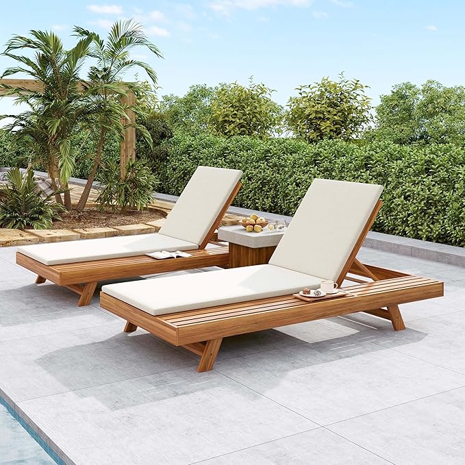Acacia Wood Outdoor Chaise Lounge with Open Slatted Side, 4-Position Pool Lounge Chairs with All-Weather Cushion - Photo 7