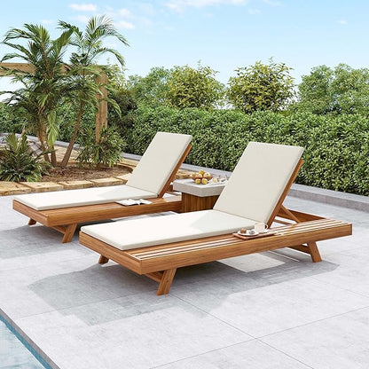 Acacia Wood Outdoor Chaise Lounge with Open Slatted Side, 4-Position Pool Lounge Chairs with All-Weather Cushion, Teak Finish Reclining Patio Chair, 300Lbs Capacity (Cream, 2 inch)