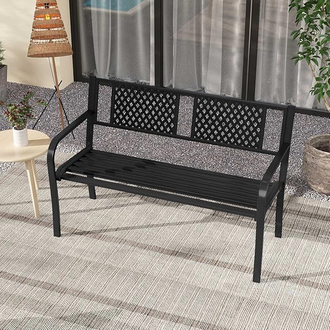 Giantex Metal Outdoor Bench with Mesh Pattern Backrest, Curved Armrests, 660Lbs Capacity, Slatted Seat for 2-3 Persons, Patio Bench for Yard, Poolside, Porch, Park, Garden (50"×23"×32",Black)